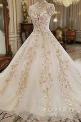 Beautiful Ivory High Neckline Tulle With Flower Lace Party Dress, Ivory Wedding Dress